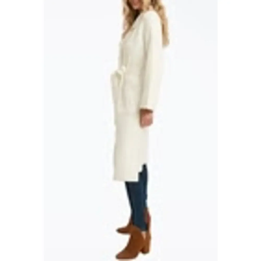 Blueivy BELTED KNIT Ivory CARDIGAN‎ Womens L Cozy Chic Cream Long Open Sweater